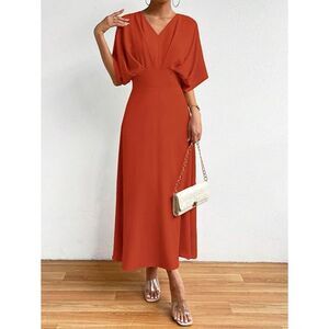 Half Sleeve Ruched Cocktail Evening A Line Long Dress, SMALL, 14L-165D004